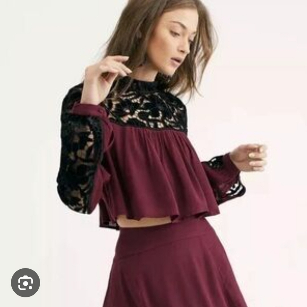 Free People Two Hearts Black and Burgundy Lace Crop Top